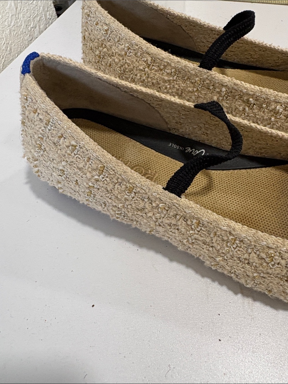 Rothy's Cream Tweed Ballet Flats with Black Elastic Strap and Blue Heel Tab - Picture 5 of 8